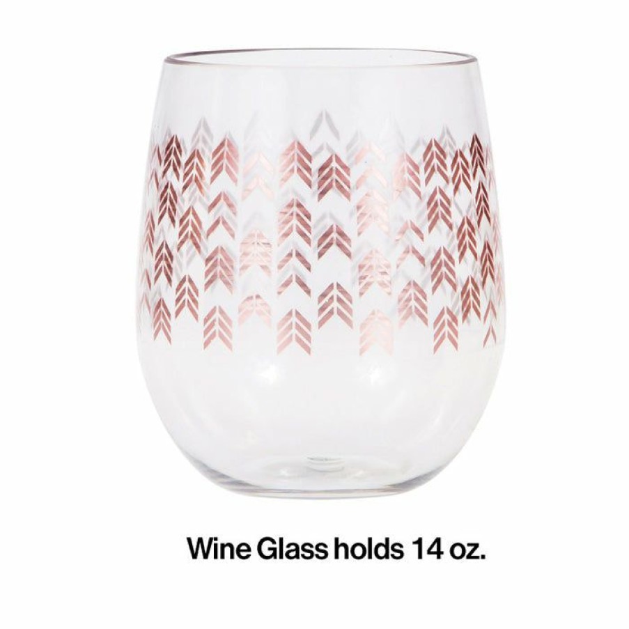 Bridal And Wedding * | Creative Converting Rose Gold Chevron Plastic Stemless Wine Glass By Elise Bridal And Wedding