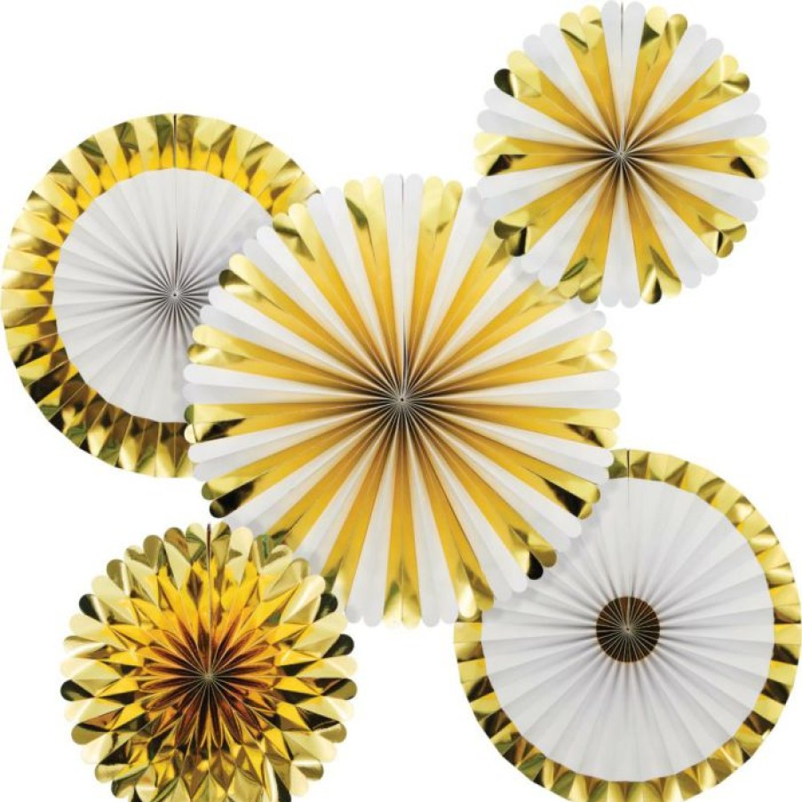 Baby Showers * | Creative Converting White And Gold Paper Fans Set (5/Pkg)