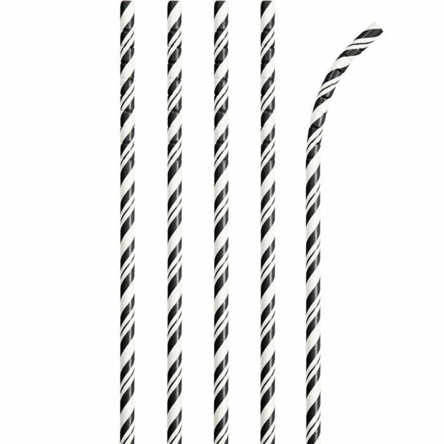 Solid Color Tableware * | Creative Converting Black Striped Paper Straws, 24 Ct