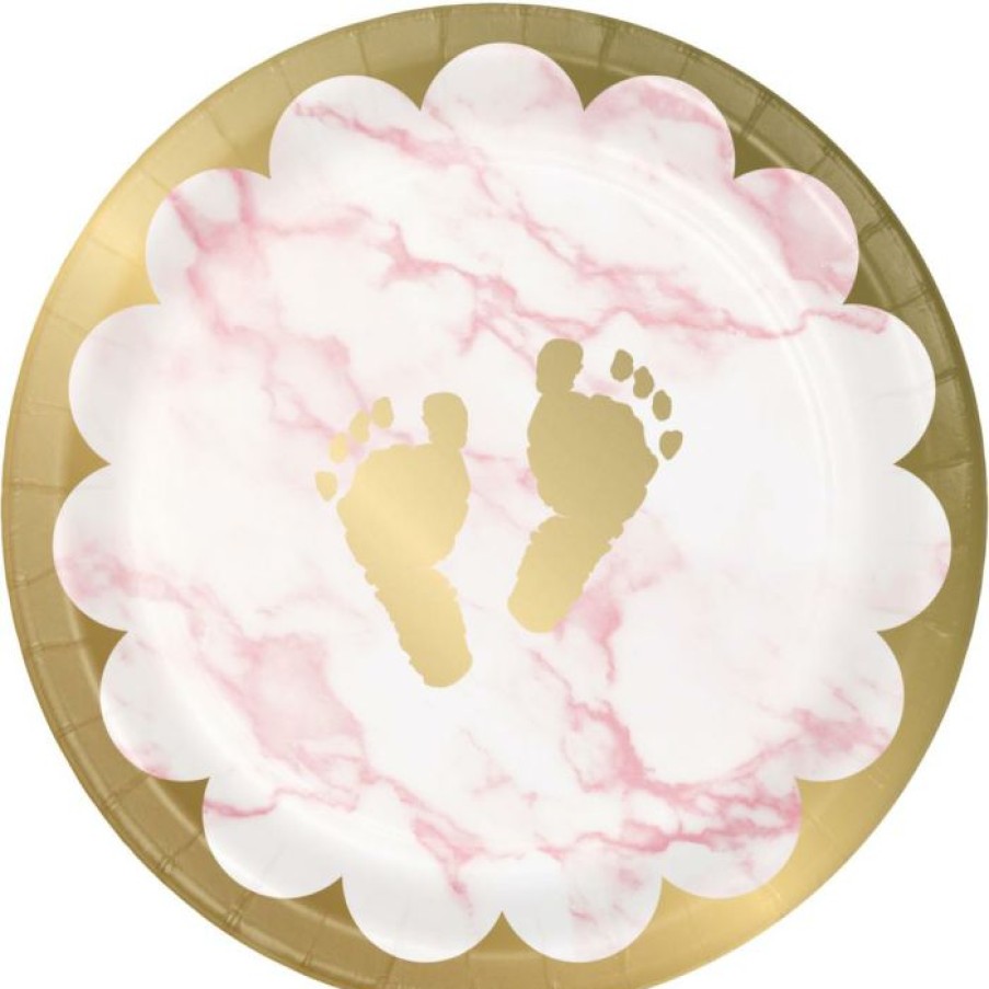 Baby Showers * | Creative Converting Pink Marble Dessert Plate, Foil, Footprints (8/Pkg) Baby Showers