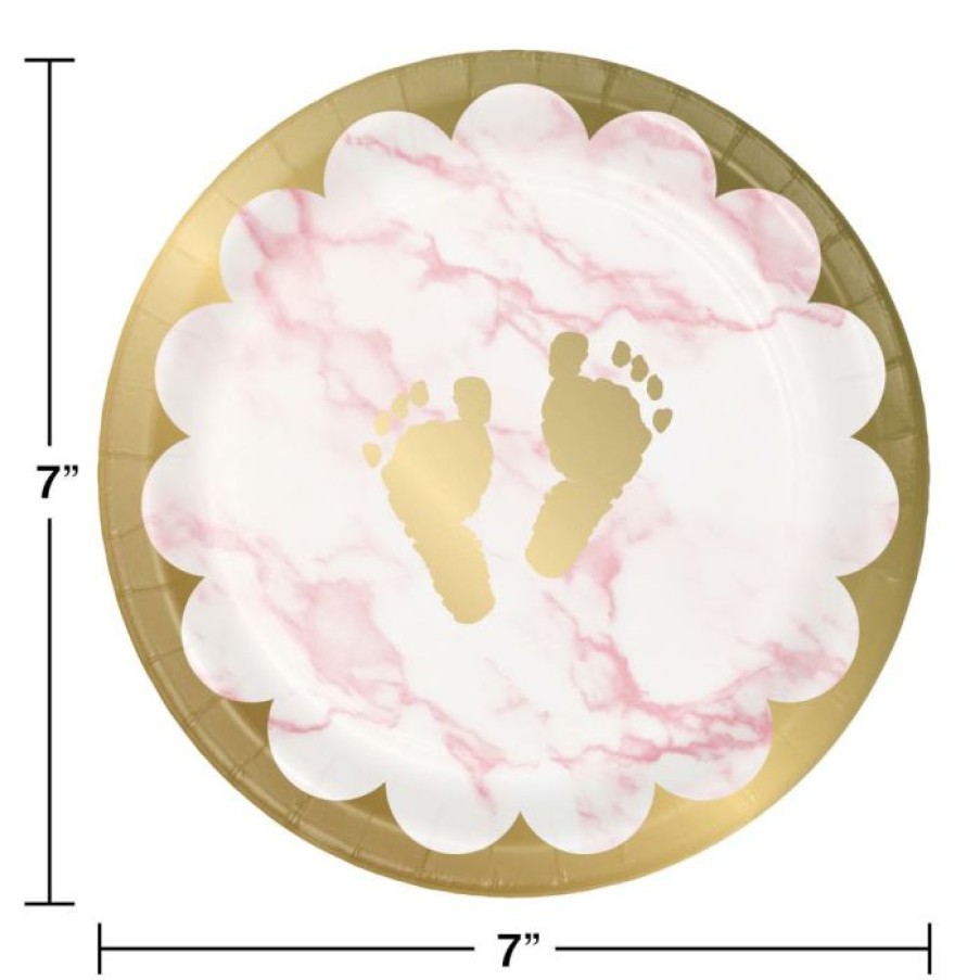 Baby Showers * | Creative Converting Pink Marble Dessert Plate, Foil, Footprints (8/Pkg) Baby Showers