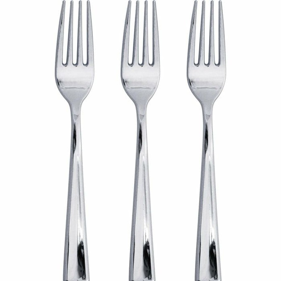 Solid Color Tableware * | Creative Converting Forks Only, Metallic Silver, 24 Ct