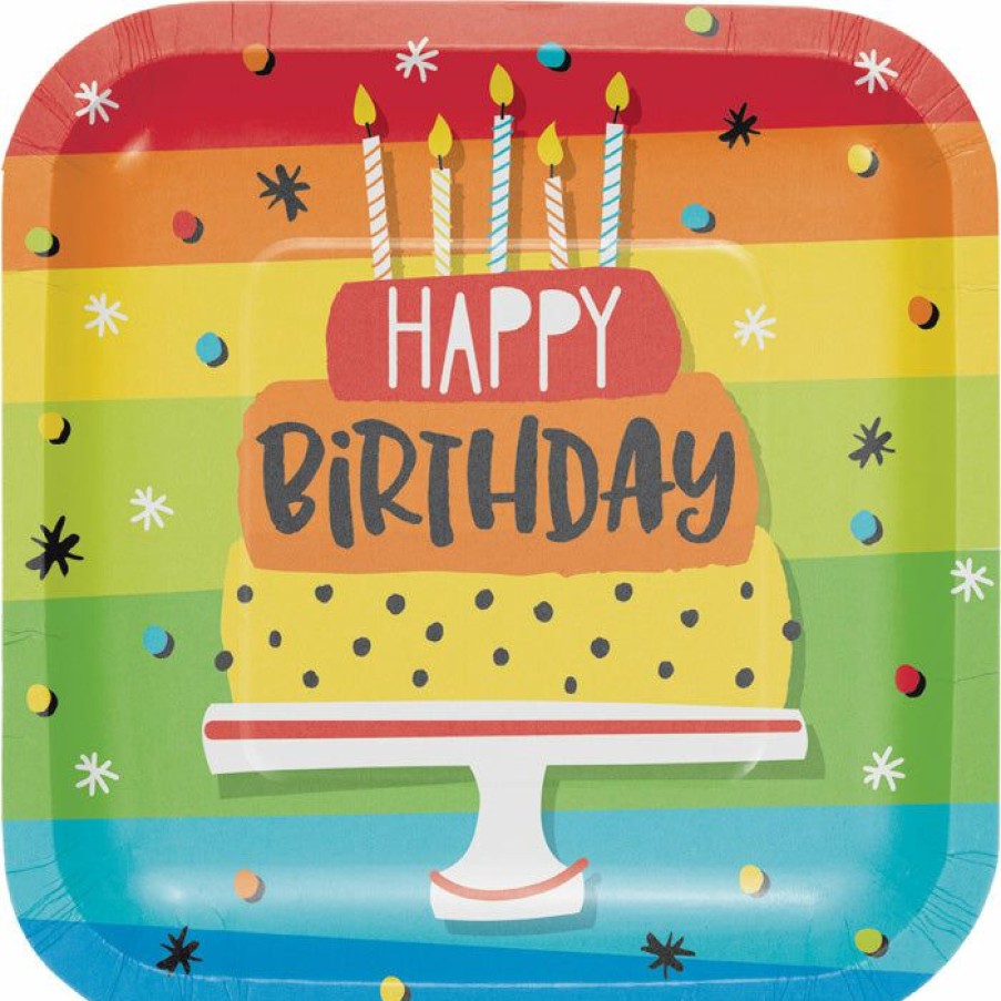 Birthdays * | Creative Converting Adult Birthday Party Themes Rainbow Cake Square Dessert Plates, 8 Ct