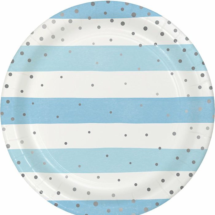 Birthdays * | Creative Converting 1St Birthday Party Themes Blue Silver Celebration Dinner Plate, Foil, Stripes 8Ct