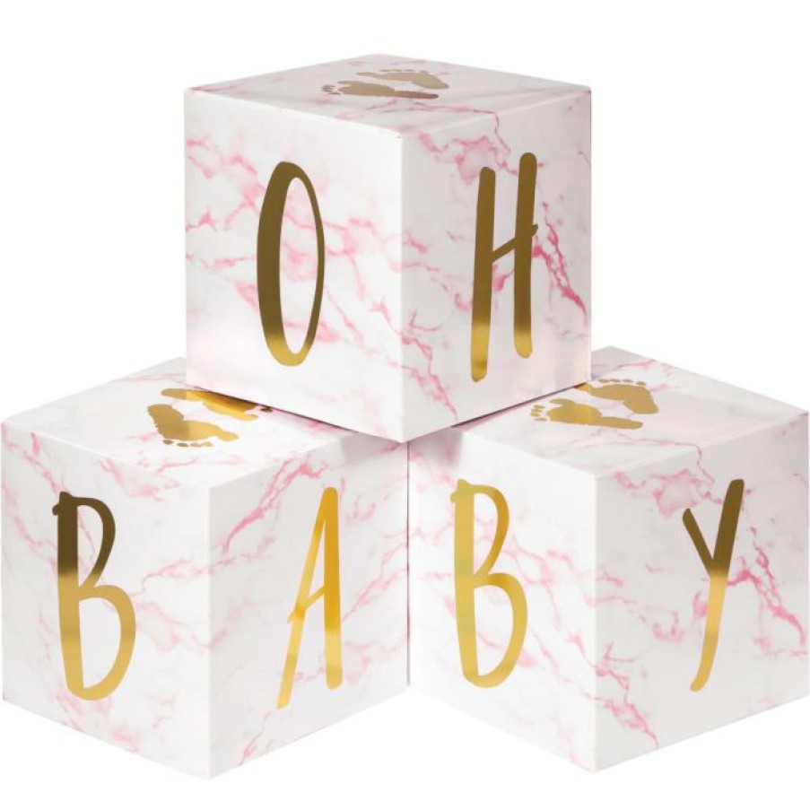 Baby Showers * | Creative Converting Pink Marble Centerpiece Baby Blocks, Foil (3/Pkg) Baby Showers