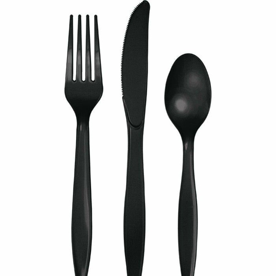 Solid Color Tableware * | Creative Converting Black Assorted Plastic Cutlery, 24 Ct Solid Color Tableware