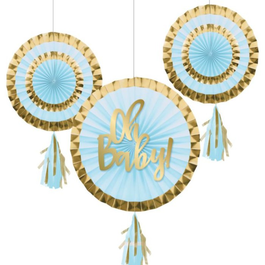 Baby Showers * | Creative Converting Baby Showers Paper Fans With Tassels, 12 & 8 , Blue (3/Pkg)