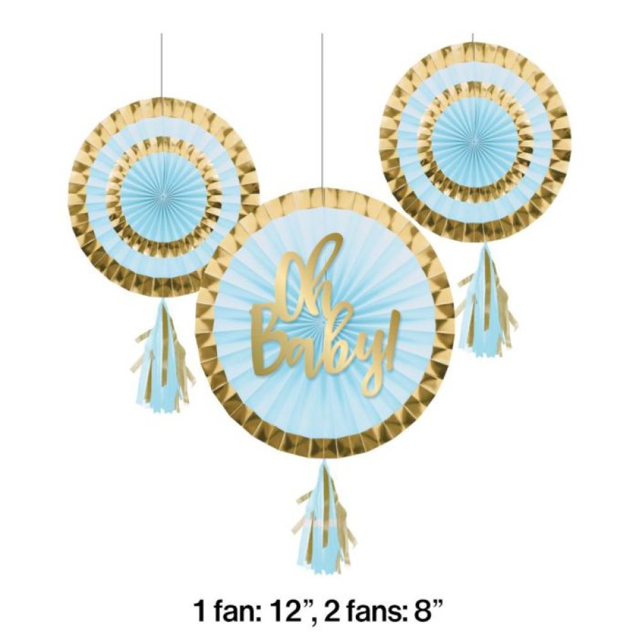 Baby Showers * | Creative Converting Baby Showers Paper Fans With Tassels, 12 & 8 , Blue (3/Pkg)