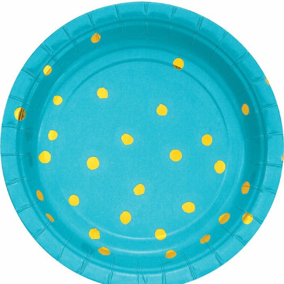 Solid Color Tableware * | Creative Converting Bermuda Blue And Gold Foil Dot Dessert Plates, 8 Ct Solid Color Tableware