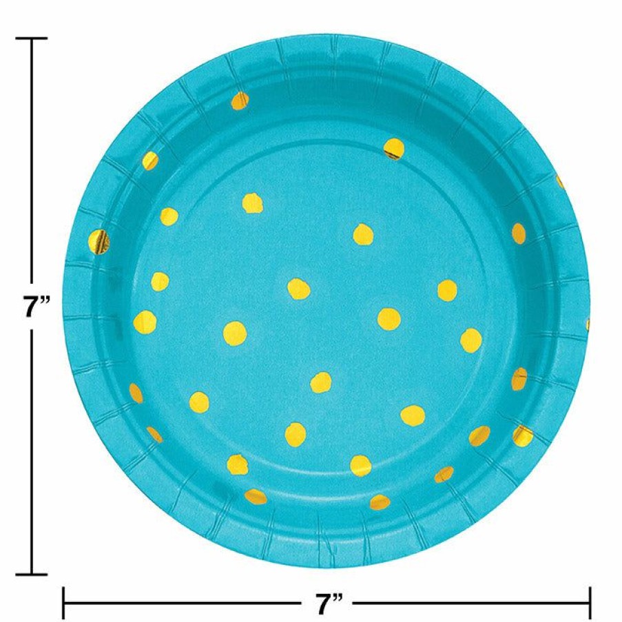 Solid Color Tableware * | Creative Converting Bermuda Blue And Gold Foil Dot Dessert Plates, 8 Ct Solid Color Tableware