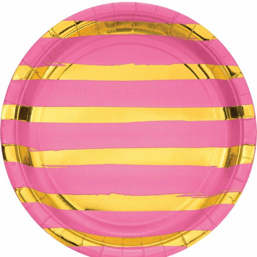 Solid Color Tableware * | Creative Converting Candy Pink And Gold Foil Striped Paper Plates, 8 Ct