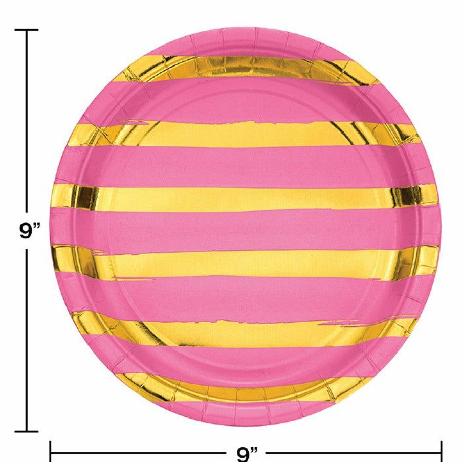 Solid Color Tableware * | Creative Converting Candy Pink And Gold Foil Striped Paper Plates, 8 Ct