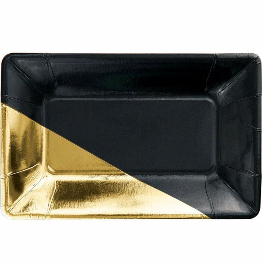 Solid Color Tableware * | Creative Converting Black And Gold Foil Rectangular Paper Plates By Elise, 8 Ct