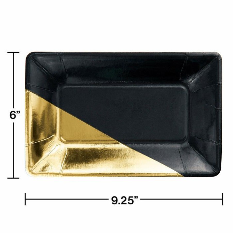 Solid Color Tableware * | Creative Converting Black And Gold Foil Rectangular Paper Plates By Elise, 8 Ct