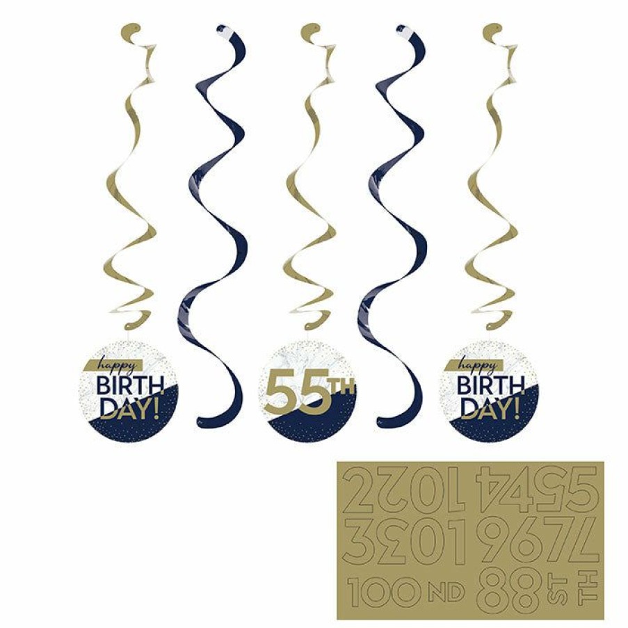 Birthdays * | Creative Converting Navy & Gold Milestone Dizzy Danglers Assorted W/ Stickers 5Ct