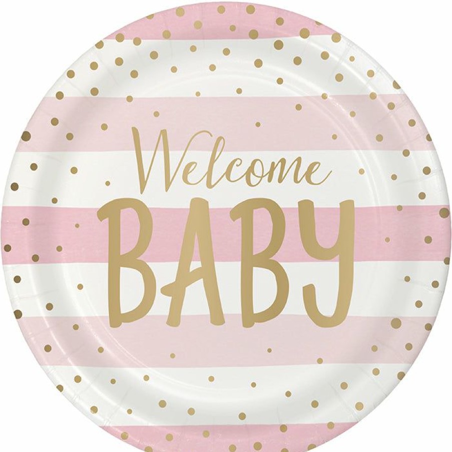 Birthdays * | Creative Converting Pink Gold Celebration Dinner Plate, Foil, Welcome Baby 8Ct