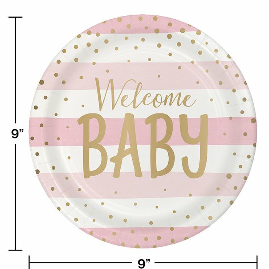 Birthdays * | Creative Converting Pink Gold Celebration Dinner Plate, Foil, Welcome Baby 8Ct