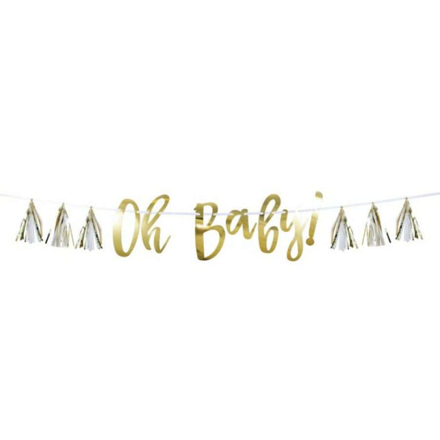 Baby Showers * | Creative Converting White And Gold Oh Baby Tassel Banner (1/Pkg)