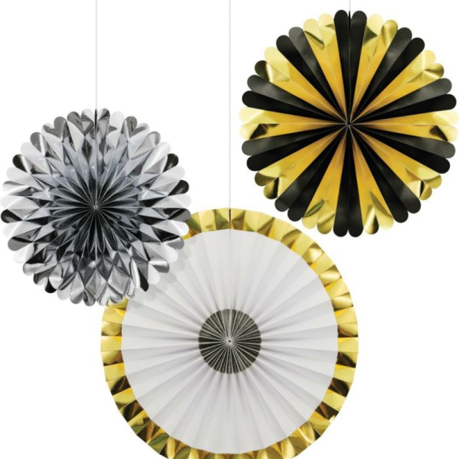 General Decorations * | Creative Converting General Decorations Black, Gold, Silver Foil Paper Fans 16 , 12 , 10 , 3Ct