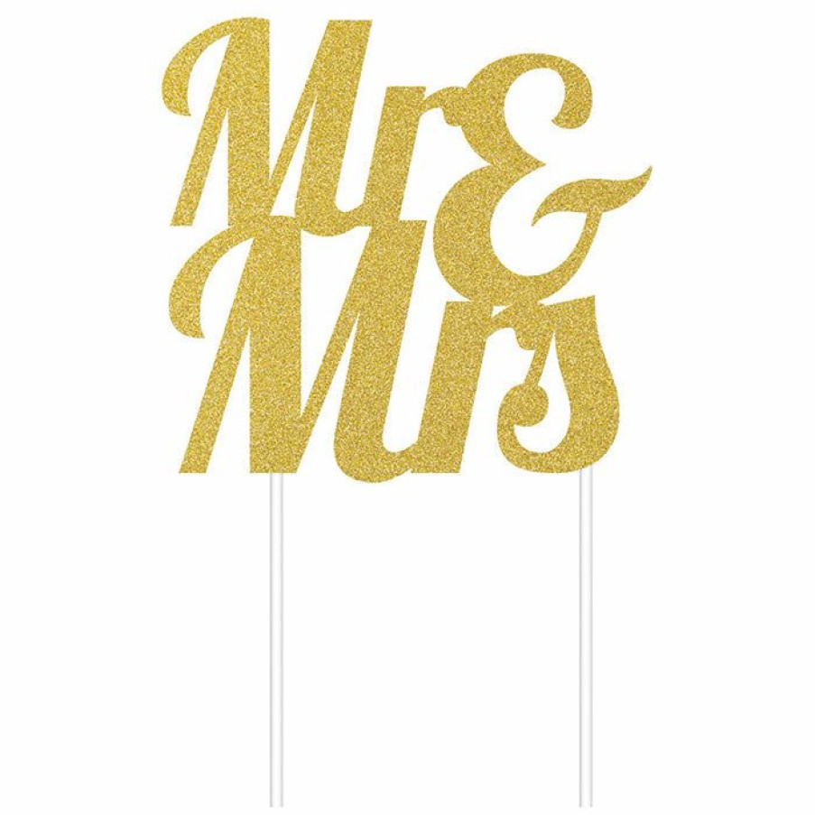 Bridal And Wedding * | Creative Converting Gold Glitter Mr & Mrs Cake Topper