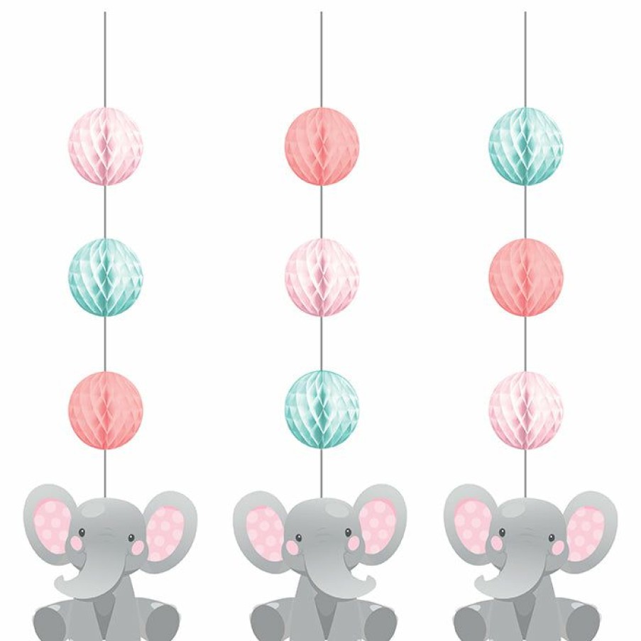 Birthdays * | Creative Converting Enchanting Elephants Girl Hanging Cutouts W/ Honeycomb 3Ct Kids Birthday Party Themes