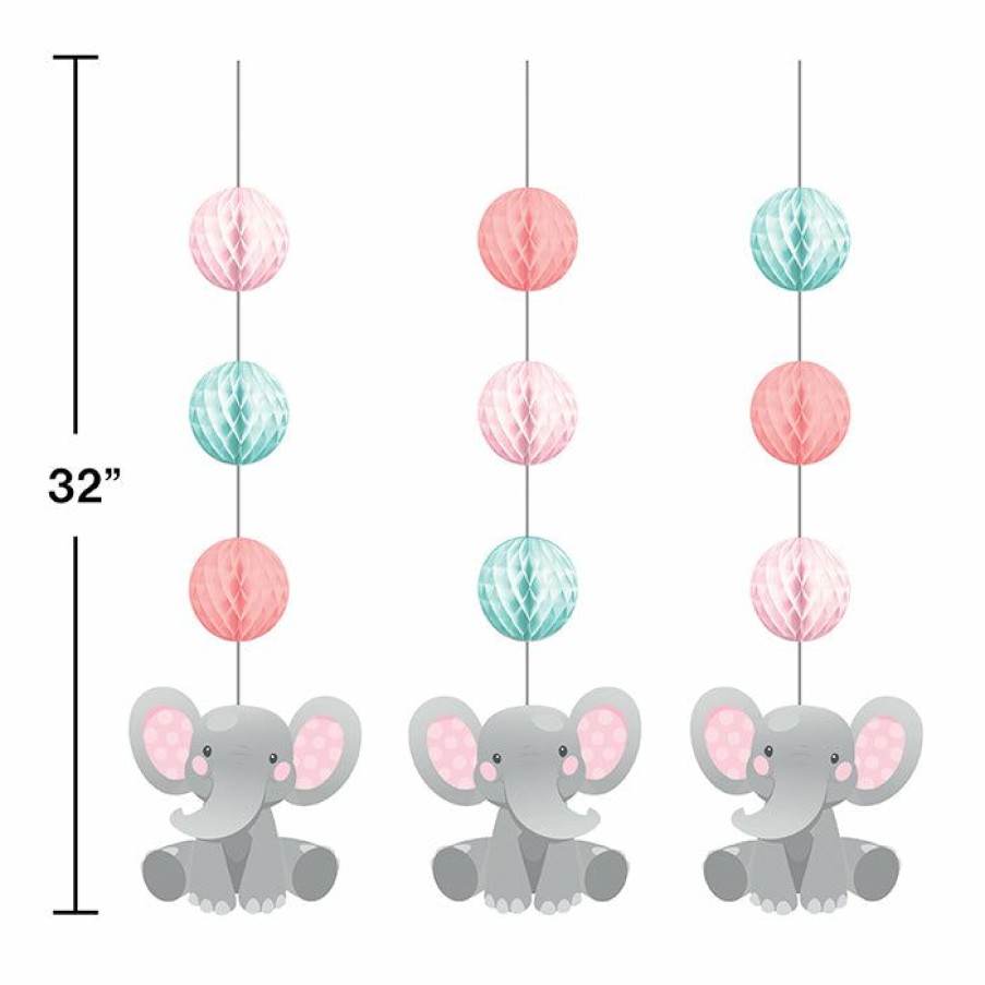 Birthdays * | Creative Converting Enchanting Elephants Girl Hanging Cutouts W/ Honeycomb 3Ct Kids Birthday Party Themes