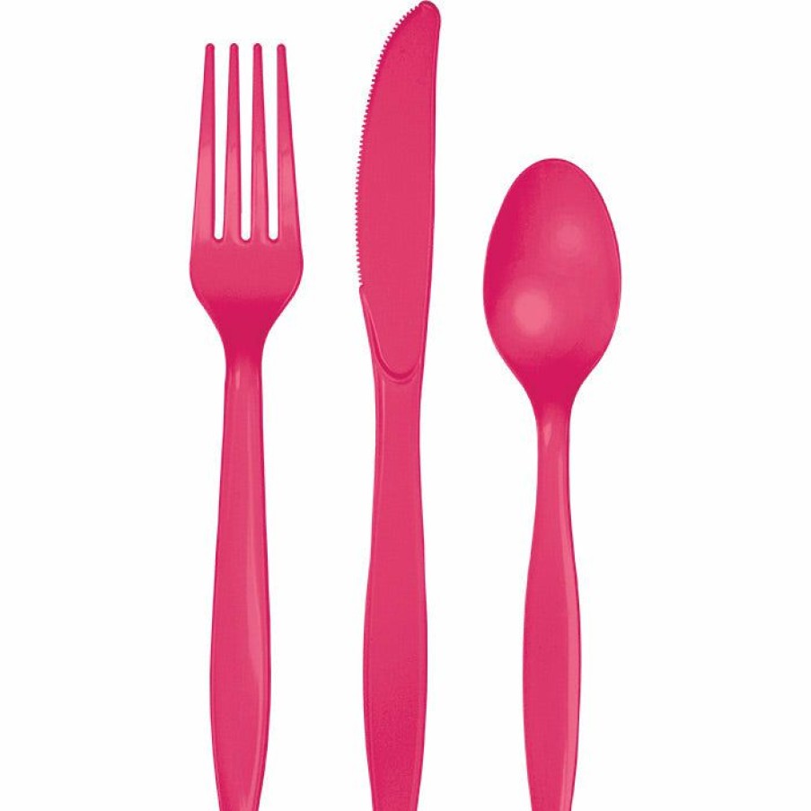 Solid Color Tableware * | Creative Converting Hot Magenta Pink Assorted Plastic Cutlery, 24 Ct Solid Color Tableware