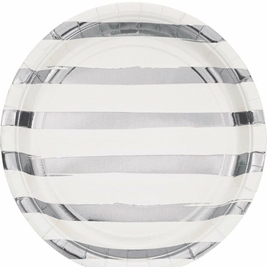 Solid Color Tableware * | Creative Converting White And Silver Foil Striped Paper Plates, 8 Ct