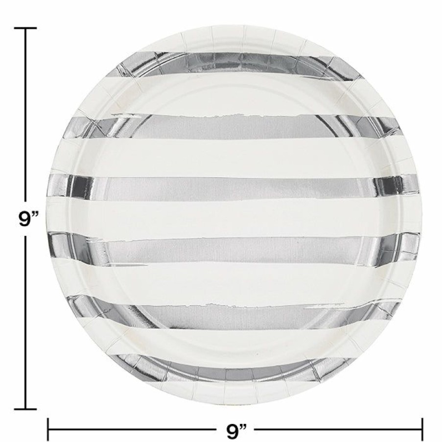 Solid Color Tableware * | Creative Converting White And Silver Foil Striped Paper Plates, 8 Ct