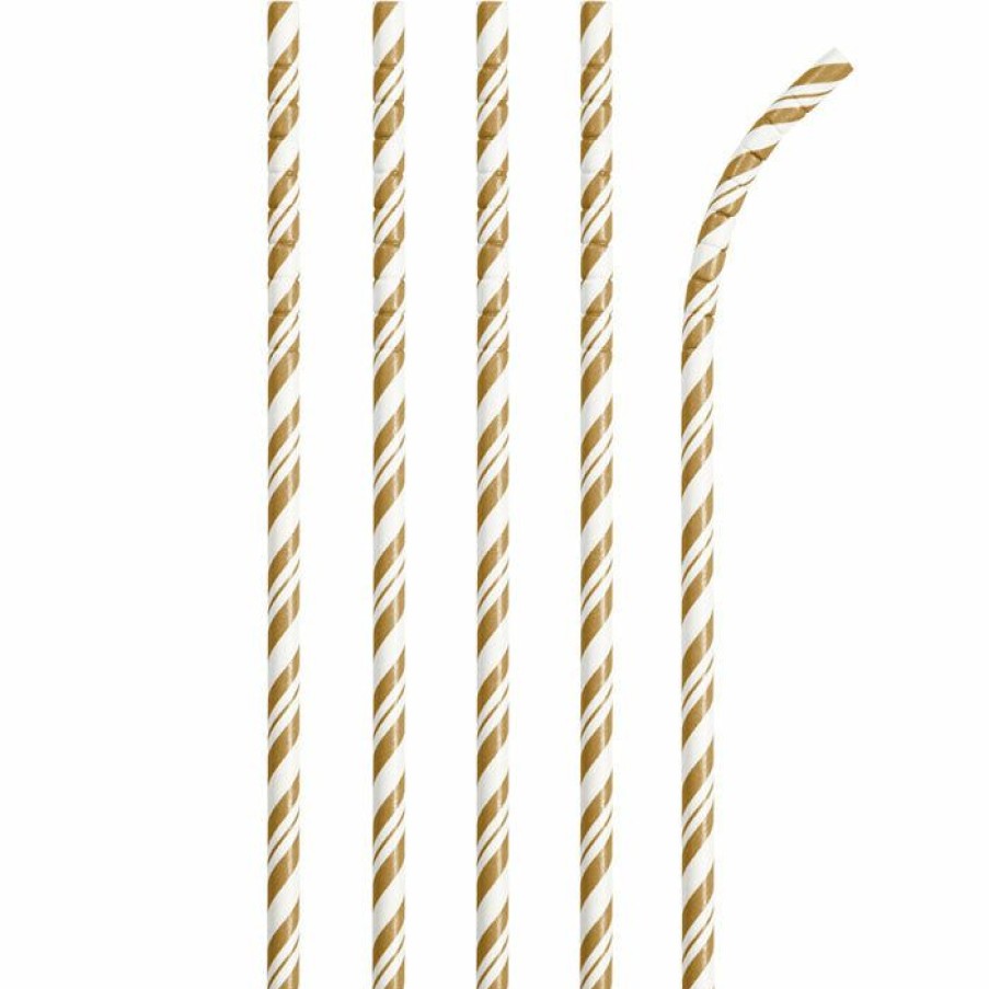 General Decorations * | Creative Converting Gold And White Striped Paper Straws, 24 Ct