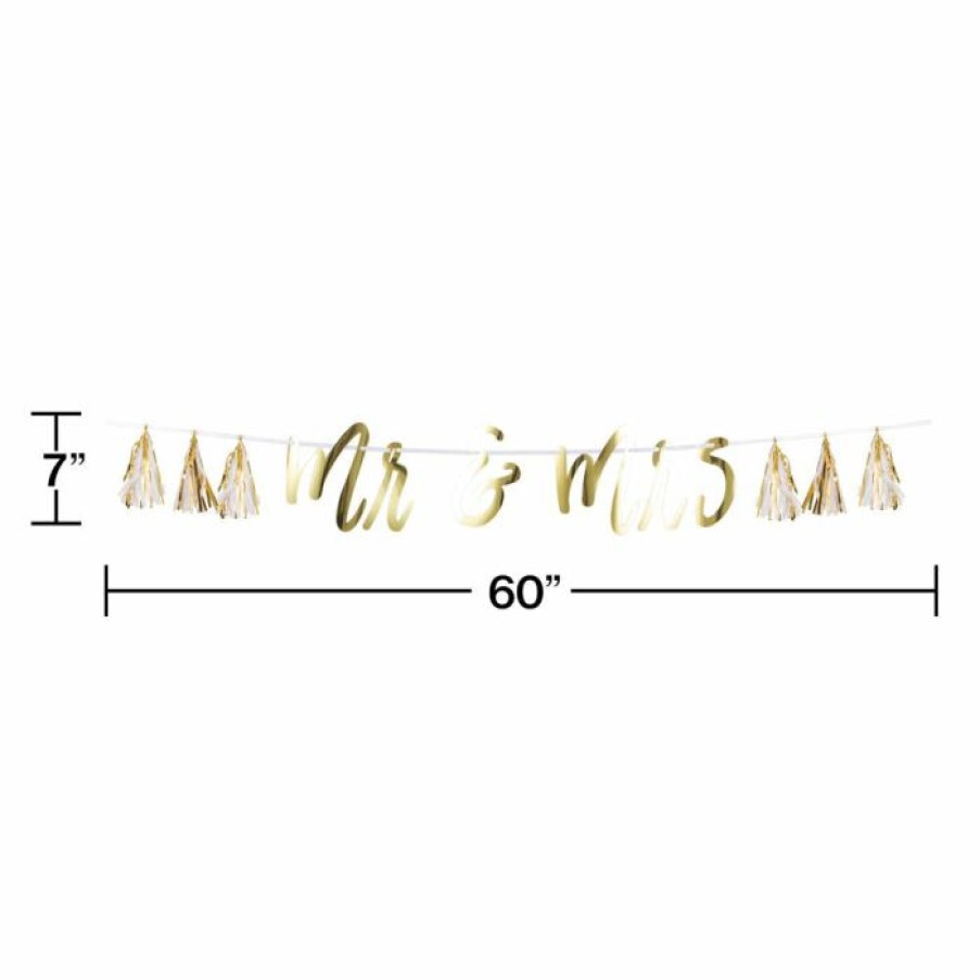 Bridal And Wedding * | Creative Converting Bridal And Wedding Mr & Mrs White And Gold Tassel Banner (1/Pkg)