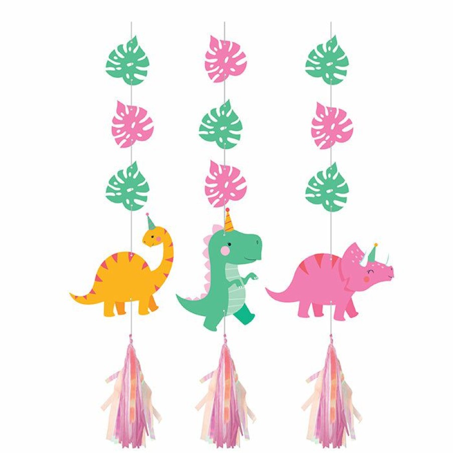 Birthdays * | Creative Converting Girl Dino Party Hanging Cutouts W/ Tassles, Iridescent 3Ct