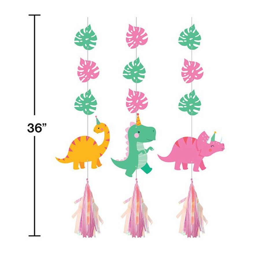 Birthdays * | Creative Converting Girl Dino Party Hanging Cutouts W/ Tassles, Iridescent 3Ct