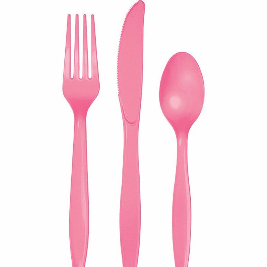 Solid Color Tableware * | Creative Converting Candy Pink Assorted Plastic Cutlery, 24 Ct Solid Color Tableware