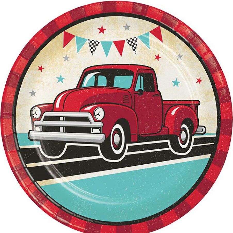 Birthdays * | Creative Converting Vintage Red Truck Dinner Plate 8Ct Kids Birthday Party Themes