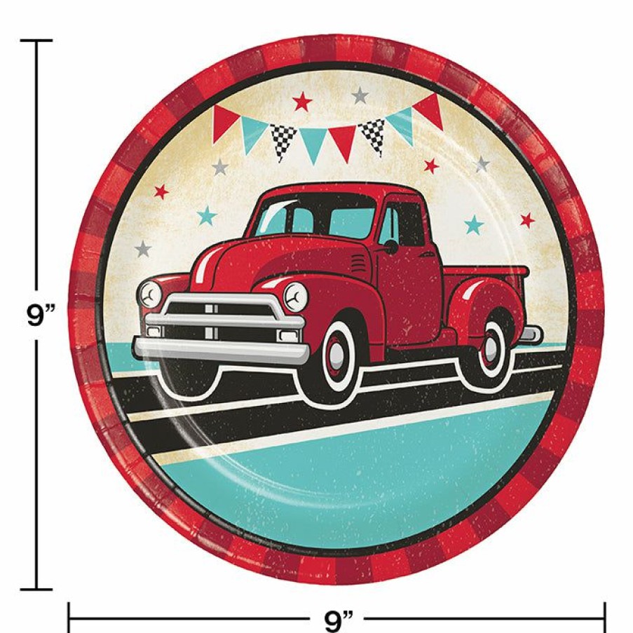 Birthdays * | Creative Converting Vintage Red Truck Dinner Plate 8Ct Kids Birthday Party Themes