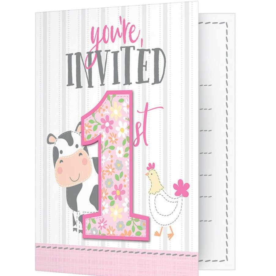 Birthdays * | Creative Converting 1St Birthday Party Themes Farmhouse Birthday Pink Foldover Invitations W/ Attachment (48/Case)