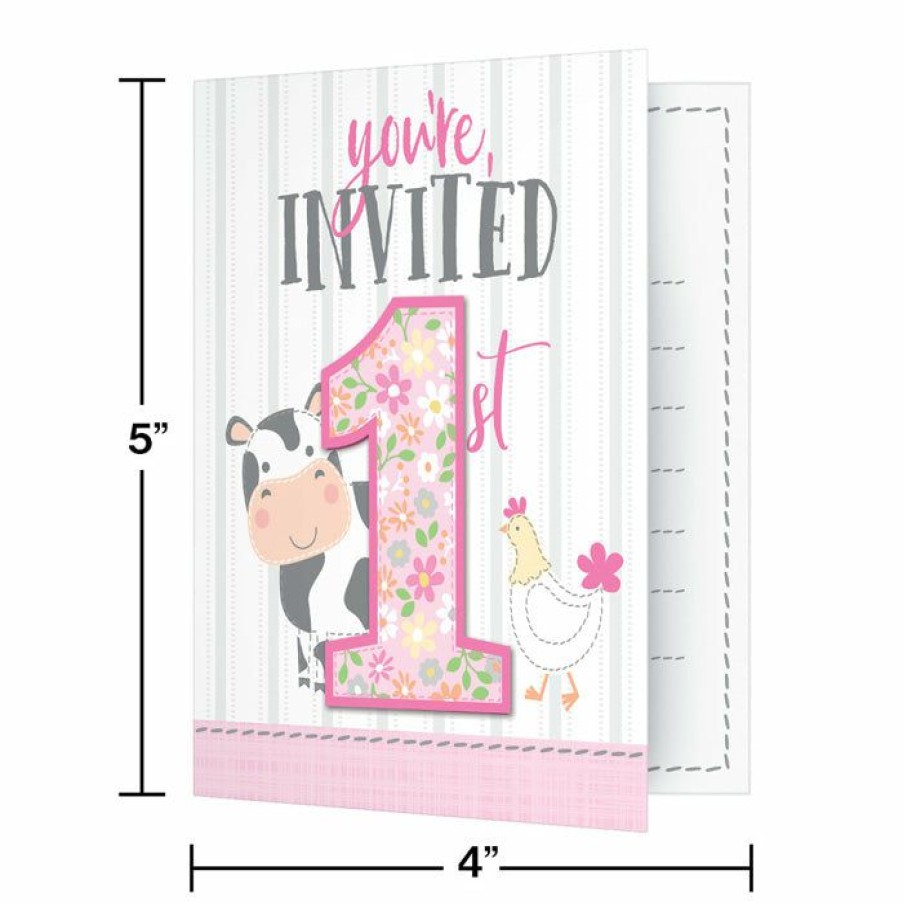 Birthdays * | Creative Converting 1St Birthday Party Themes Farmhouse Birthday Pink Foldover Invitations W/ Attachment (48/Case)