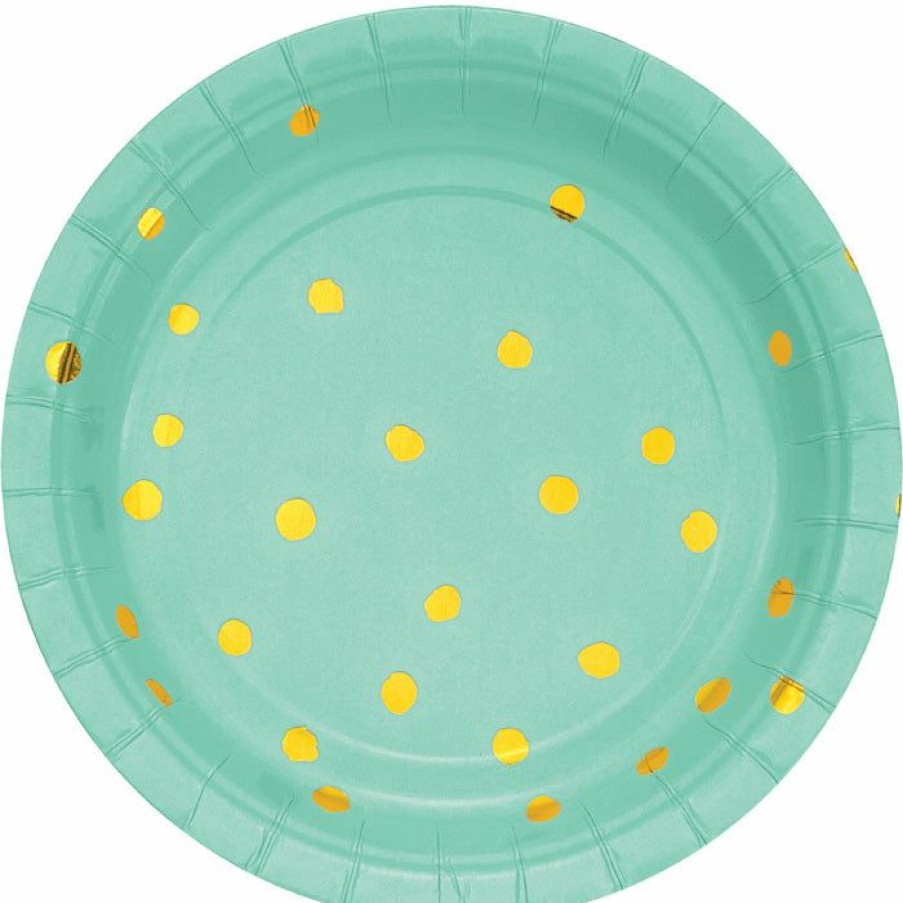 Solid Color Tableware * | Creative Converting Fresh Mint Green And Gold Foil Dot Dessert Plates, 8 Ct