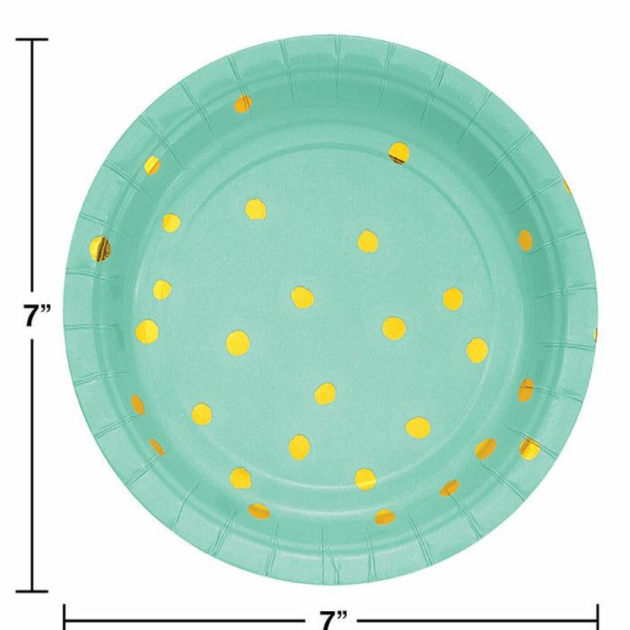 Solid Color Tableware * | Creative Converting Fresh Mint Green And Gold Foil Dot Dessert Plates, 8 Ct