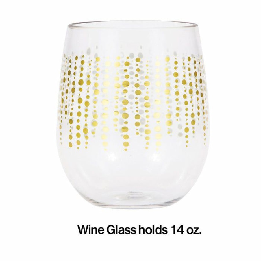 General Decorations * | Creative Converting Glittering Gold Dots Plastic Stemless Wine Glass By Elise