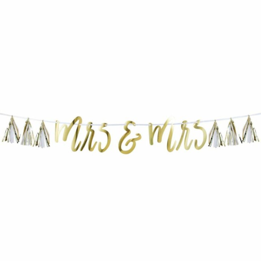 Bridal And Wedding * | Creative Converting Mrs & Mrs White And Gold Tassel Banner (1/Pkg) Bridal And Wedding