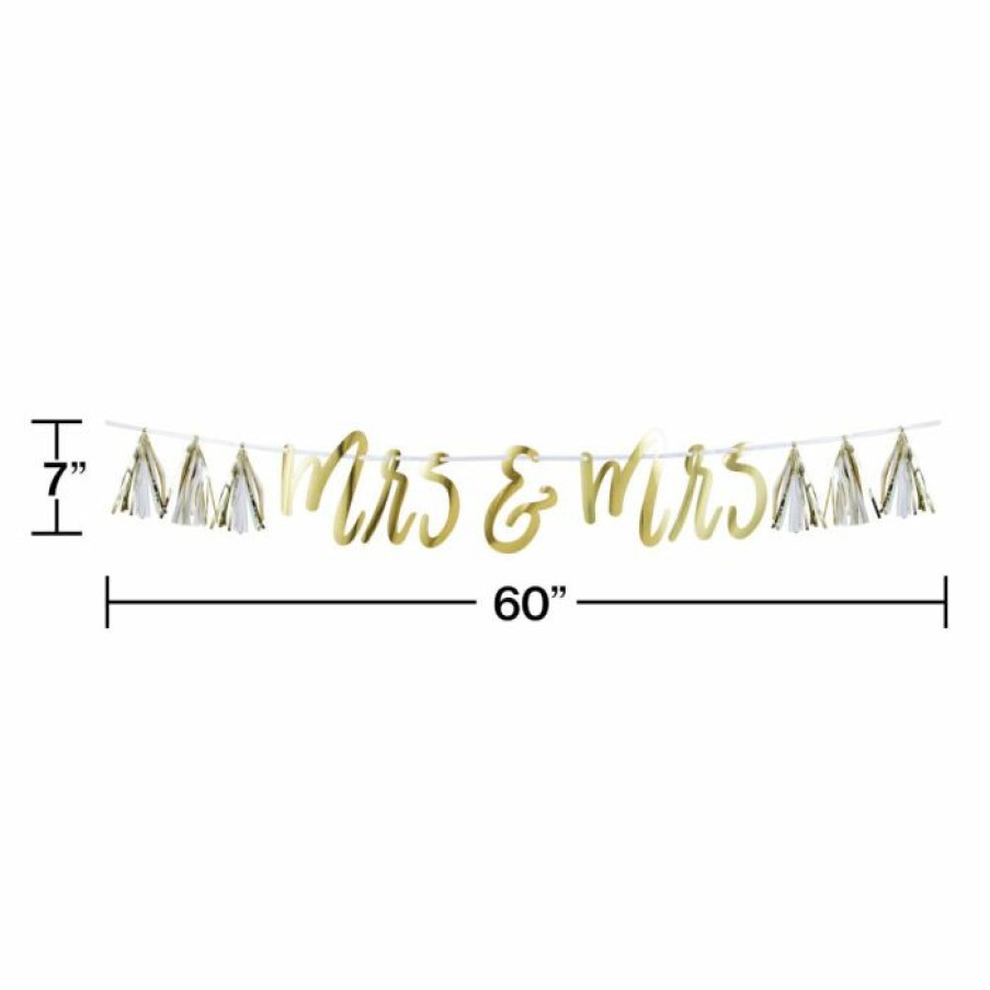 Bridal And Wedding * | Creative Converting Mrs & Mrs White And Gold Tassel Banner (1/Pkg) Bridal And Wedding