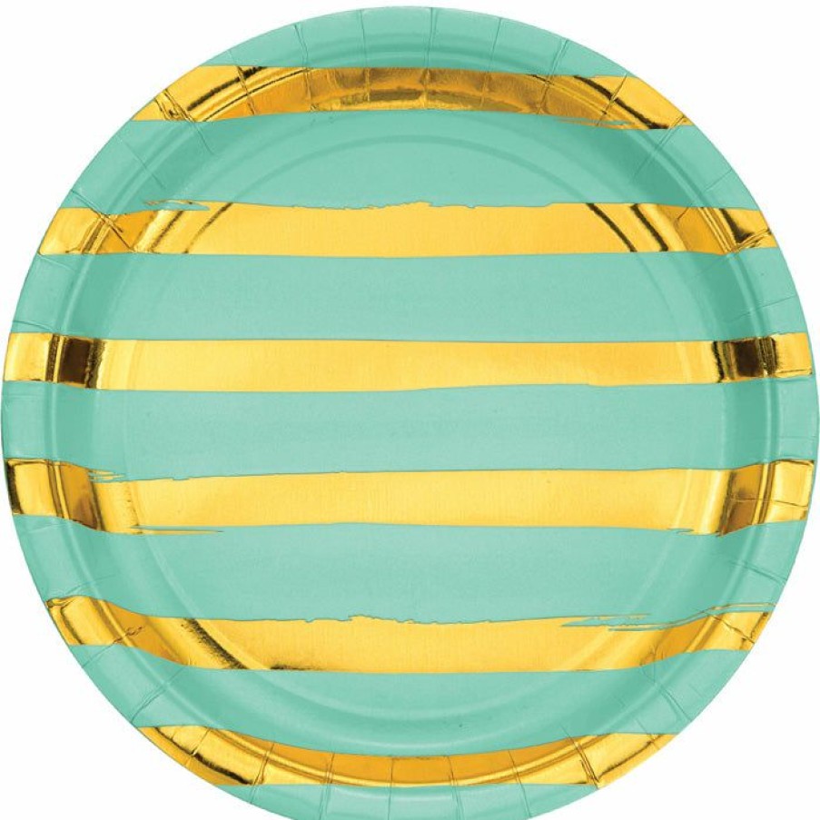 Solid Color Tableware * | Creative Converting Fresh Mint Green And Gold Foil Striped Paper Plates, 8 Ct Solid Color Tableware