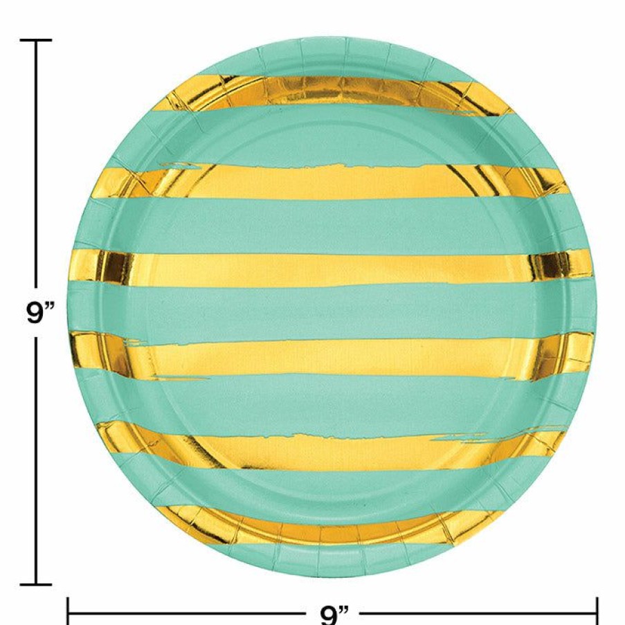 Solid Color Tableware * | Creative Converting Fresh Mint Green And Gold Foil Striped Paper Plates, 8 Ct Solid Color Tableware