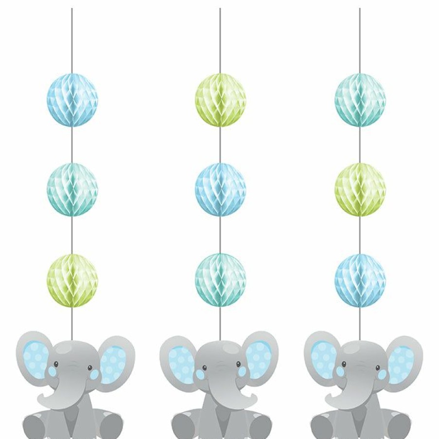 Birthdays * | Creative Converting Enchanting Elephants Boy Hanging Cutouts W/ Honeycomb 3Ct