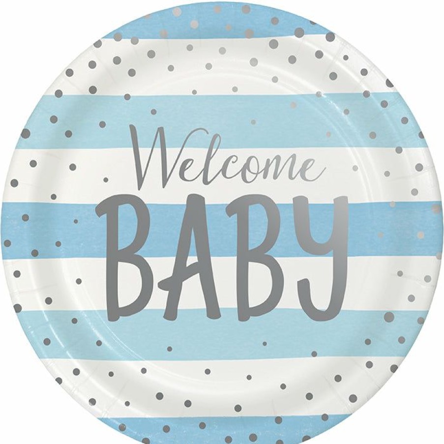 Birthdays * | Creative Converting 1St Birthday Party Themes Blue Silver Celebration Dinner Plate, Foil, Welcome Baby 8Ct