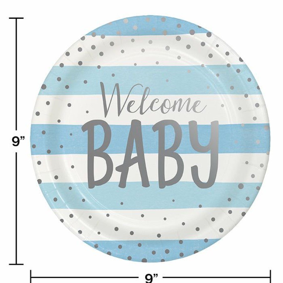 Birthdays * | Creative Converting 1St Birthday Party Themes Blue Silver Celebration Dinner Plate, Foil, Welcome Baby 8Ct