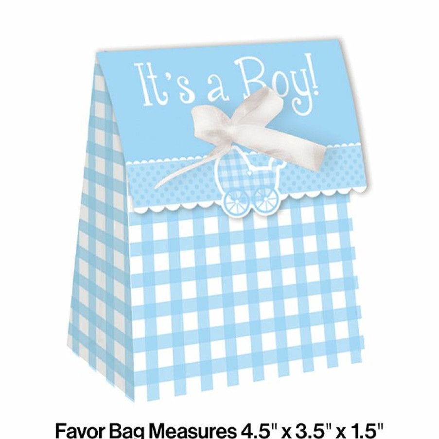 Baby Showers * | Creative Converting Gingham Boy Favor Bags, Diecut With Ribbon (72/Case) Baby Showers