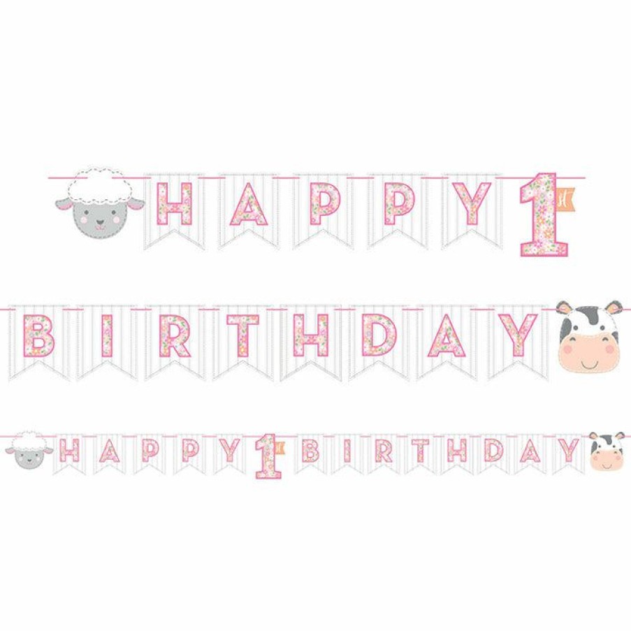 Birthdays * | Creative Converting 1St Birthday Party Themes Farmhouse Birthday Pink Banner (12/Case)